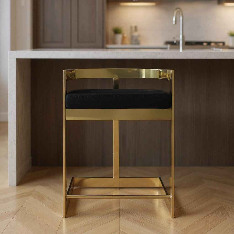 26" Black and Gold Velvet and Metal Low Back Counter Height Bar Chair