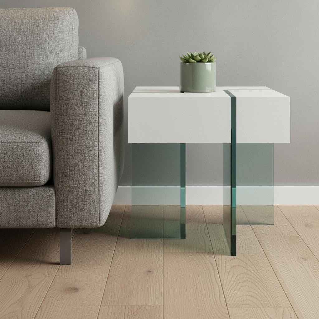 22" White And Clear Wood And Glass Square Sled End Table