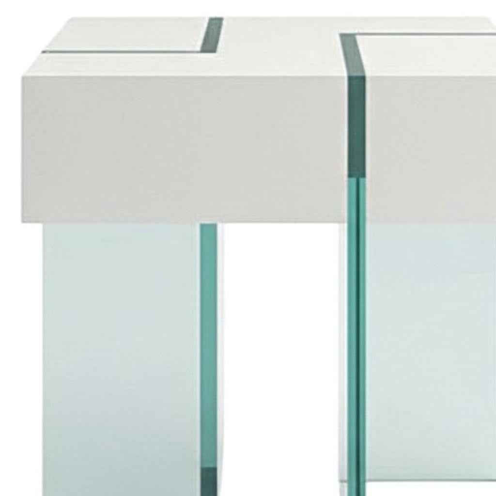 22" White And Clear Wood And Glass Square Sled End Table