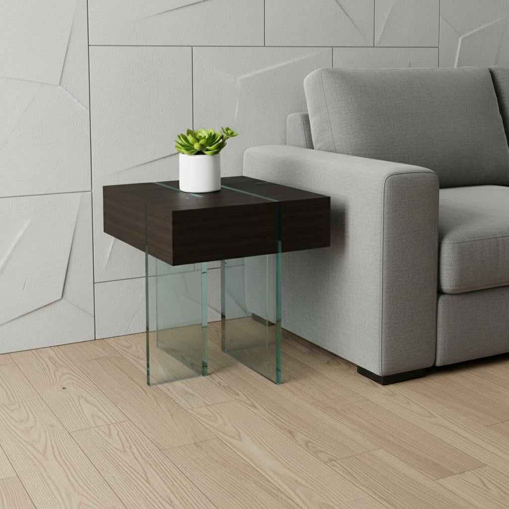 22" Black And Clear Wood and Glass Square Sled End Table