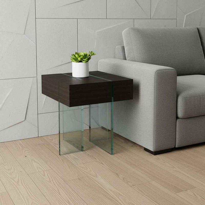 22" Black And Clear Wood and Glass Square Sled End Table