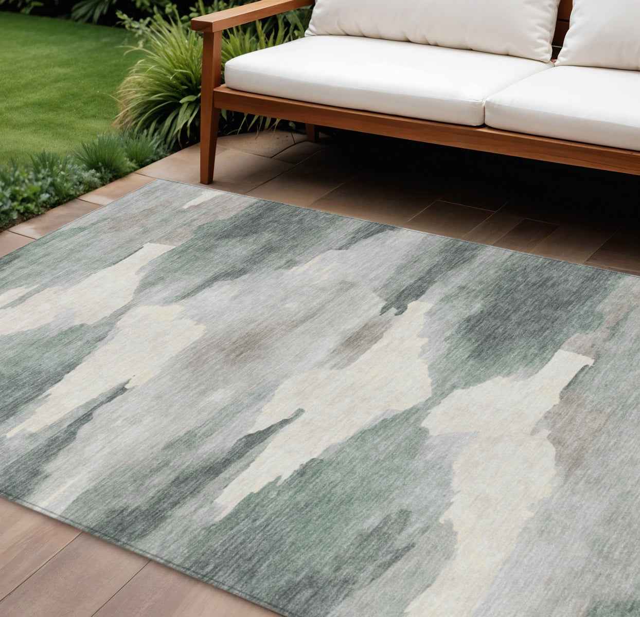 9' X 12' Sage And Ivory Abstract Washable Indoor Outdoor Area Rug