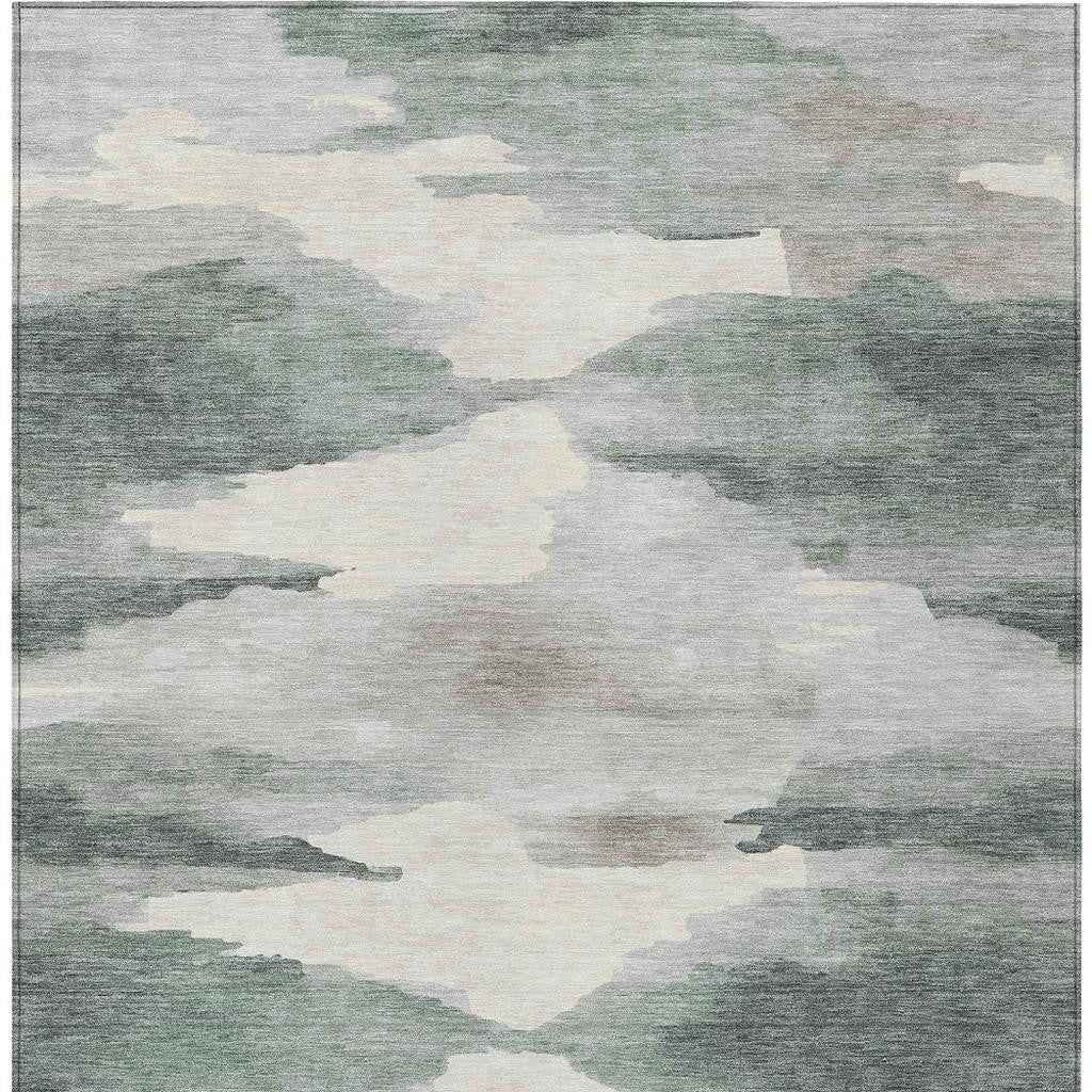 9' X 12' Sage And Ivory Abstract Washable Indoor Outdoor Area Rug