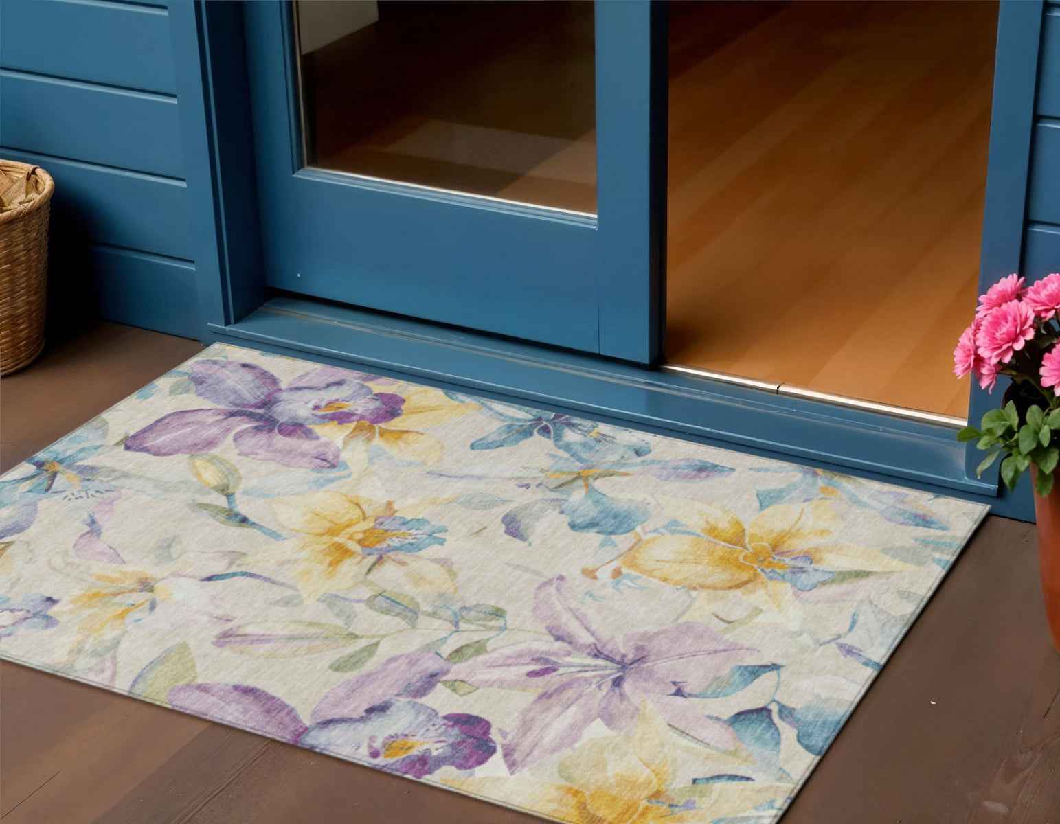 3' X 5' Beige Gold And Lavender Floral Washable Indoor Outdoor Area Rug