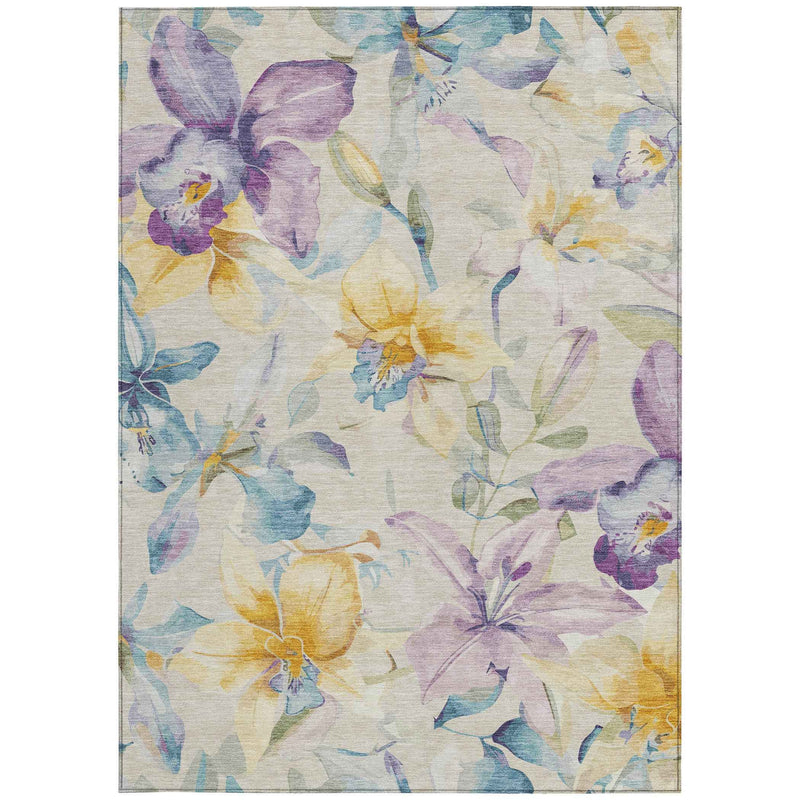 3' X 5' Beige Gold And Lavender Floral Washable Indoor Outdoor Area Rug