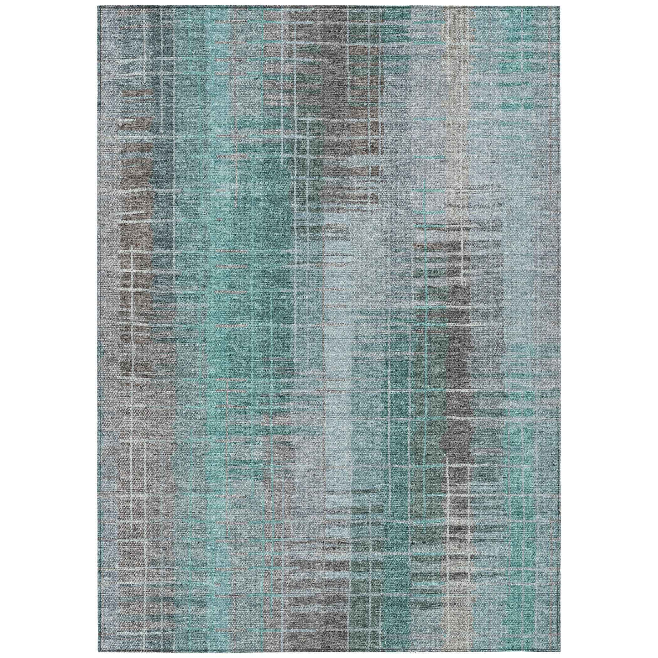 5' X 8' Pale Aqua And Gray Striped Washable Indoor Outdoor Area Rug