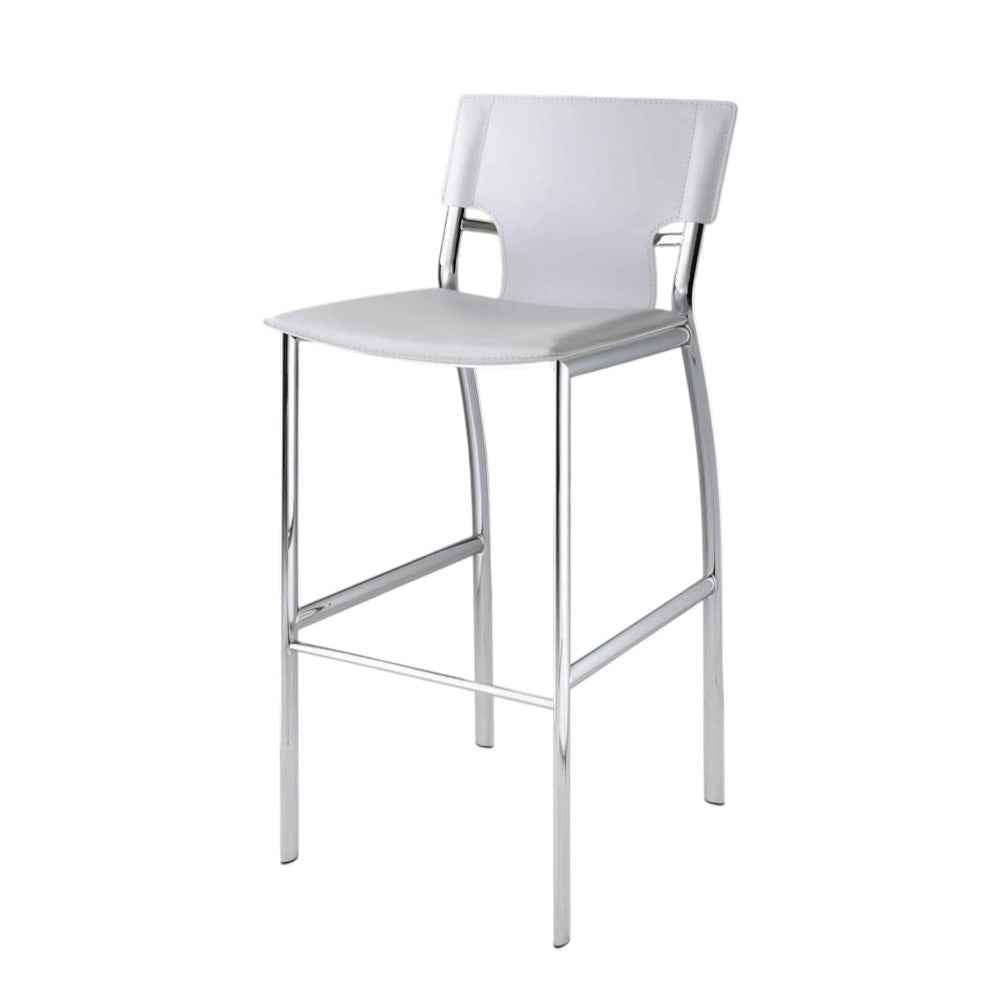 Set of Two 25" White and Silver Faux Leather and Metal Low Back Counter Height Bar Chairs