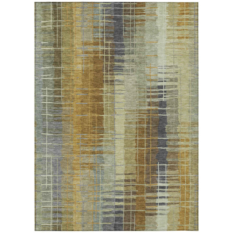 9' X 12' Artichoke Green And Gold Striped Washable Indoor Outdoor Area Rug