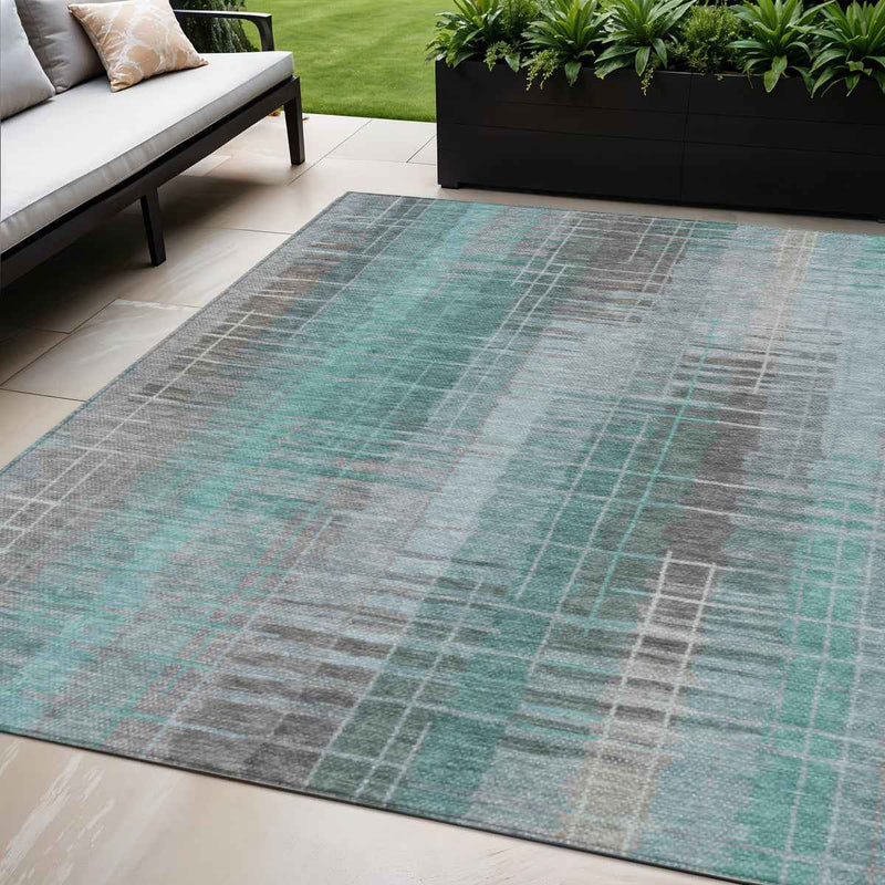 5' X 8' Pale Aqua And Gray Striped Washable Indoor Outdoor Area Rug