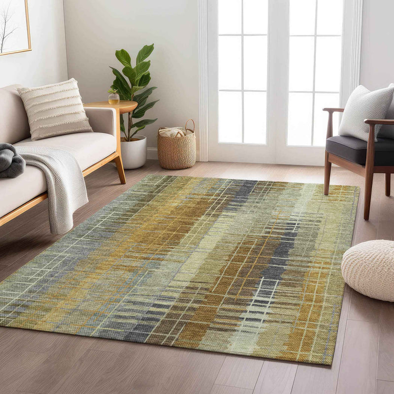 9' X 12' Artichoke Green And Gold Striped Washable Indoor Outdoor Area Rug