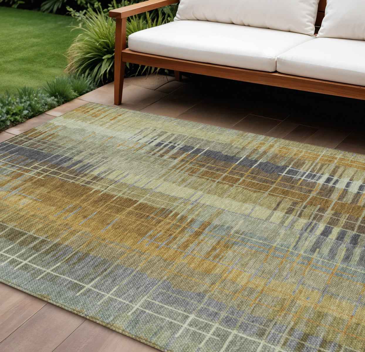 9' X 12' Artichoke Green And Gold Striped Washable Indoor Outdoor Area Rug