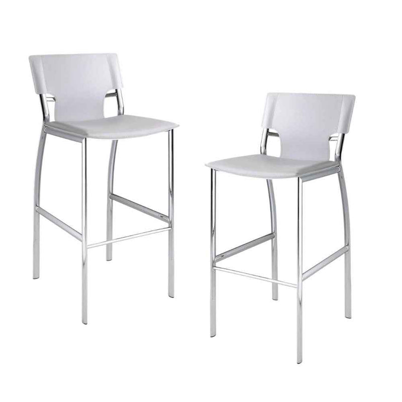 Set of Two 25" White and Silver Faux Leather and Metal Low Back Counter Height Bar Chairs