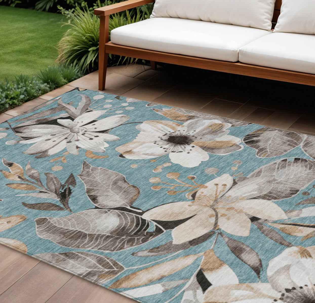 8' X 10' Teal Blue Ivory And Charcoal Floral Washable Indoor Outdoor Area Rug