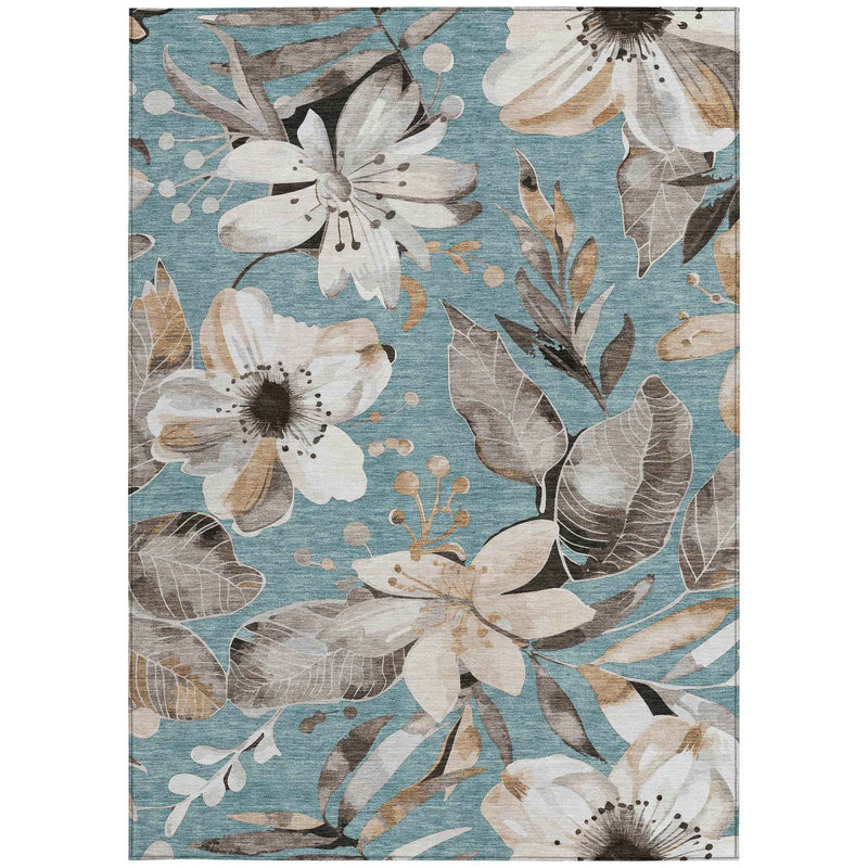 8' X 10' Teal Blue Ivory And Charcoal Floral Washable Indoor Outdoor Area Rug