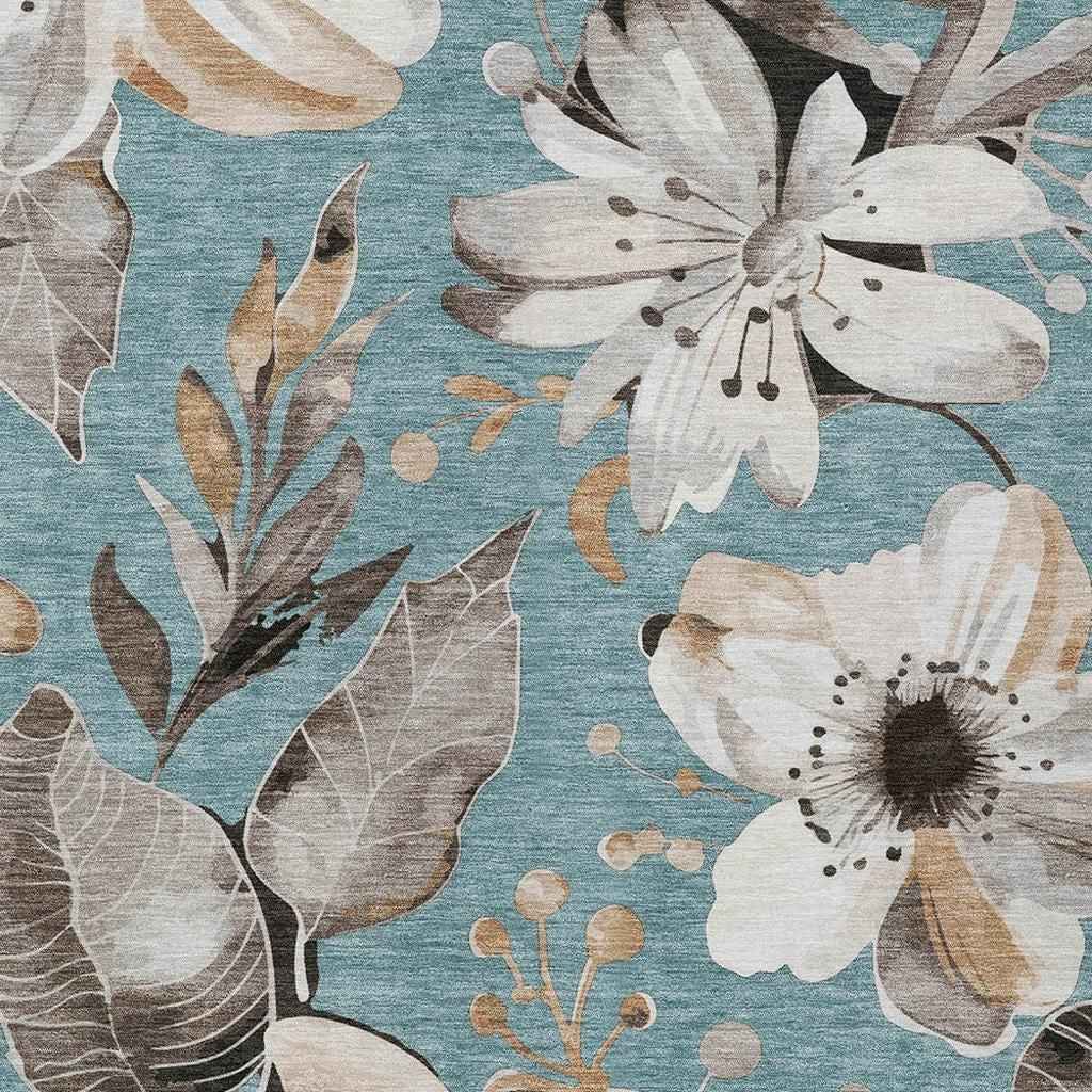 8' X 10' Teal Blue Ivory And Charcoal Floral Washable Indoor Outdoor Area Rug