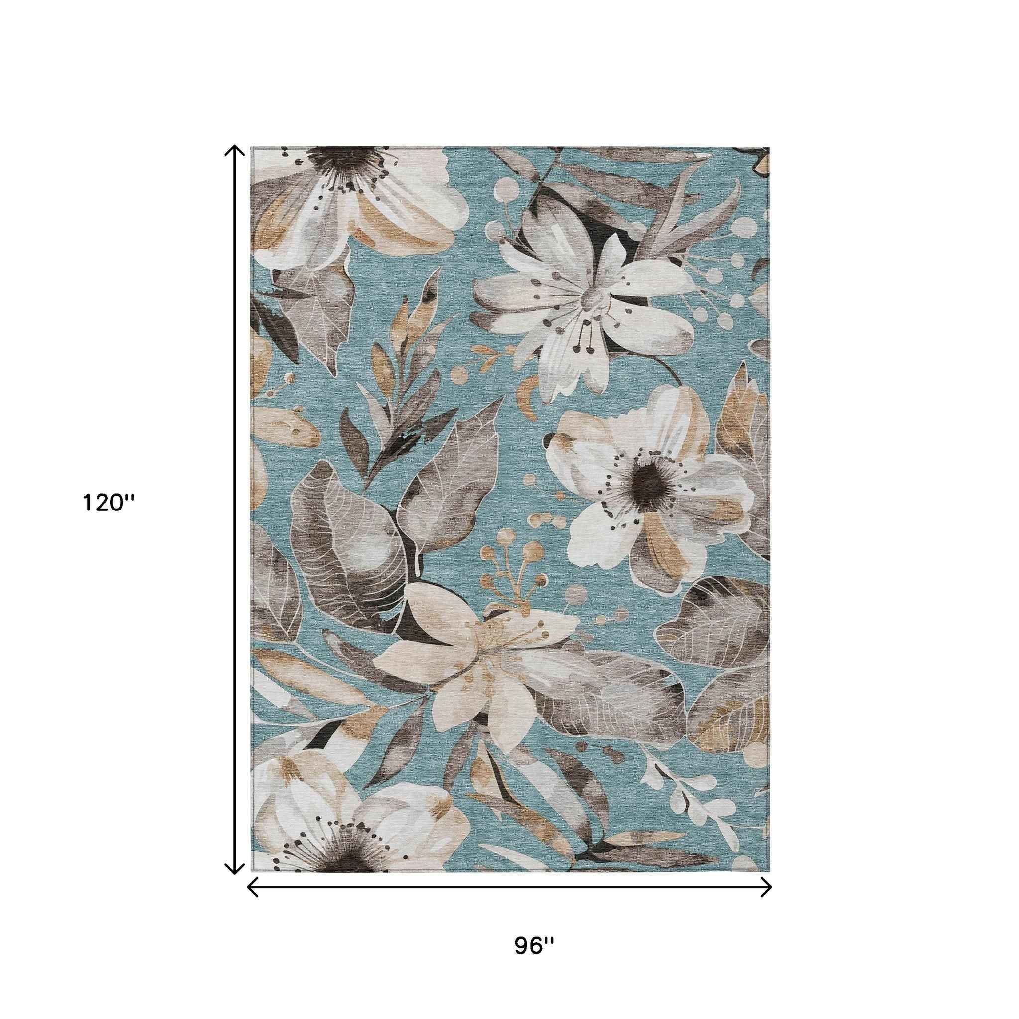 8' X 10' Teal Blue Ivory And Charcoal Floral Washable Indoor Outdoor Area Rug