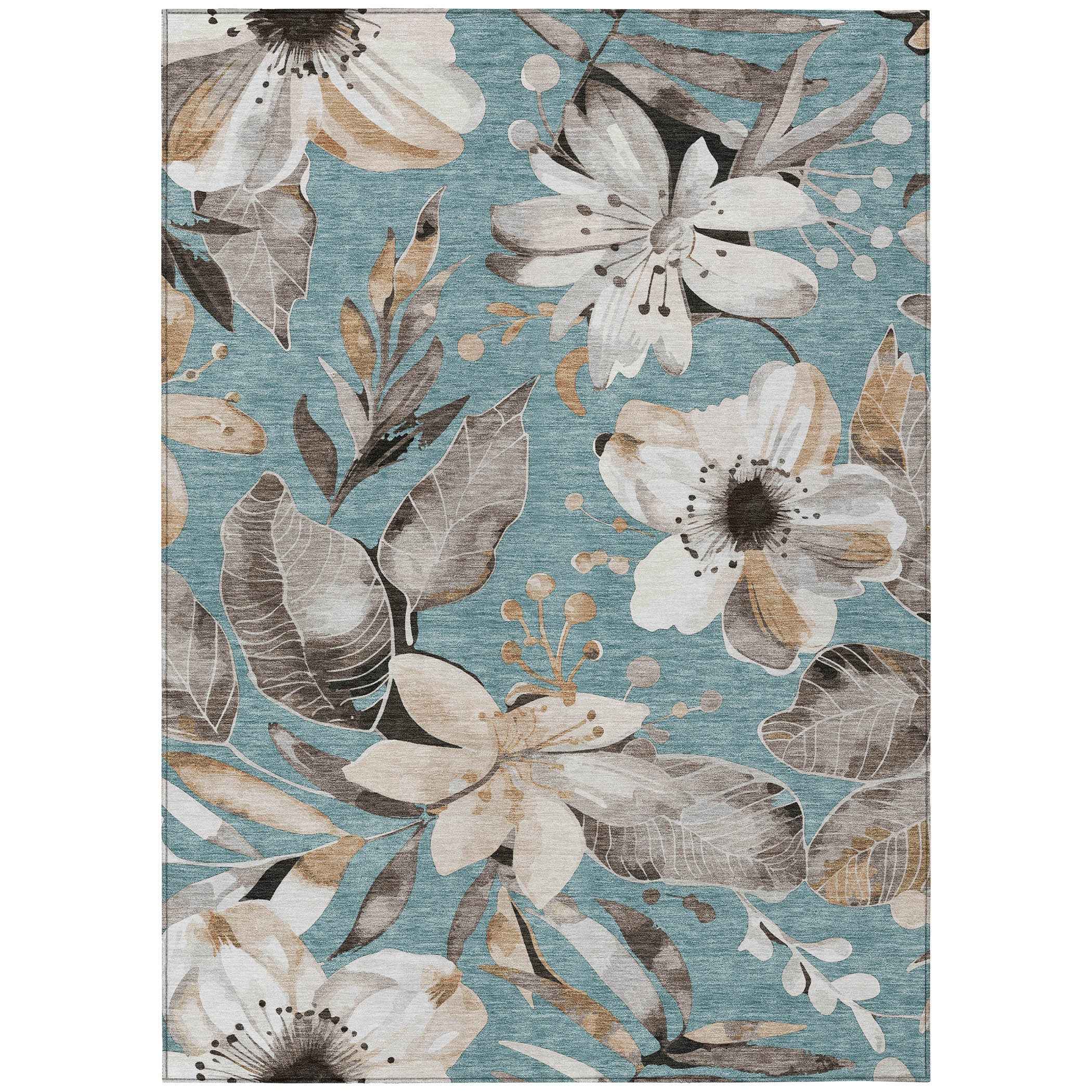 8' X 10' Teal Blue Ivory And Charcoal Floral Washable Indoor Outdoor Area Rug