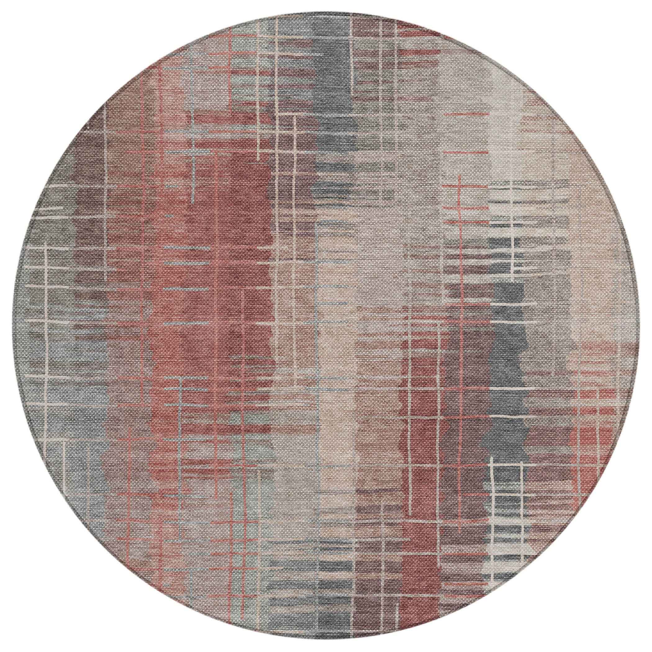 8' Rust Ivory And Gray Round Striped Washable Indoor Outdoor Area Rug