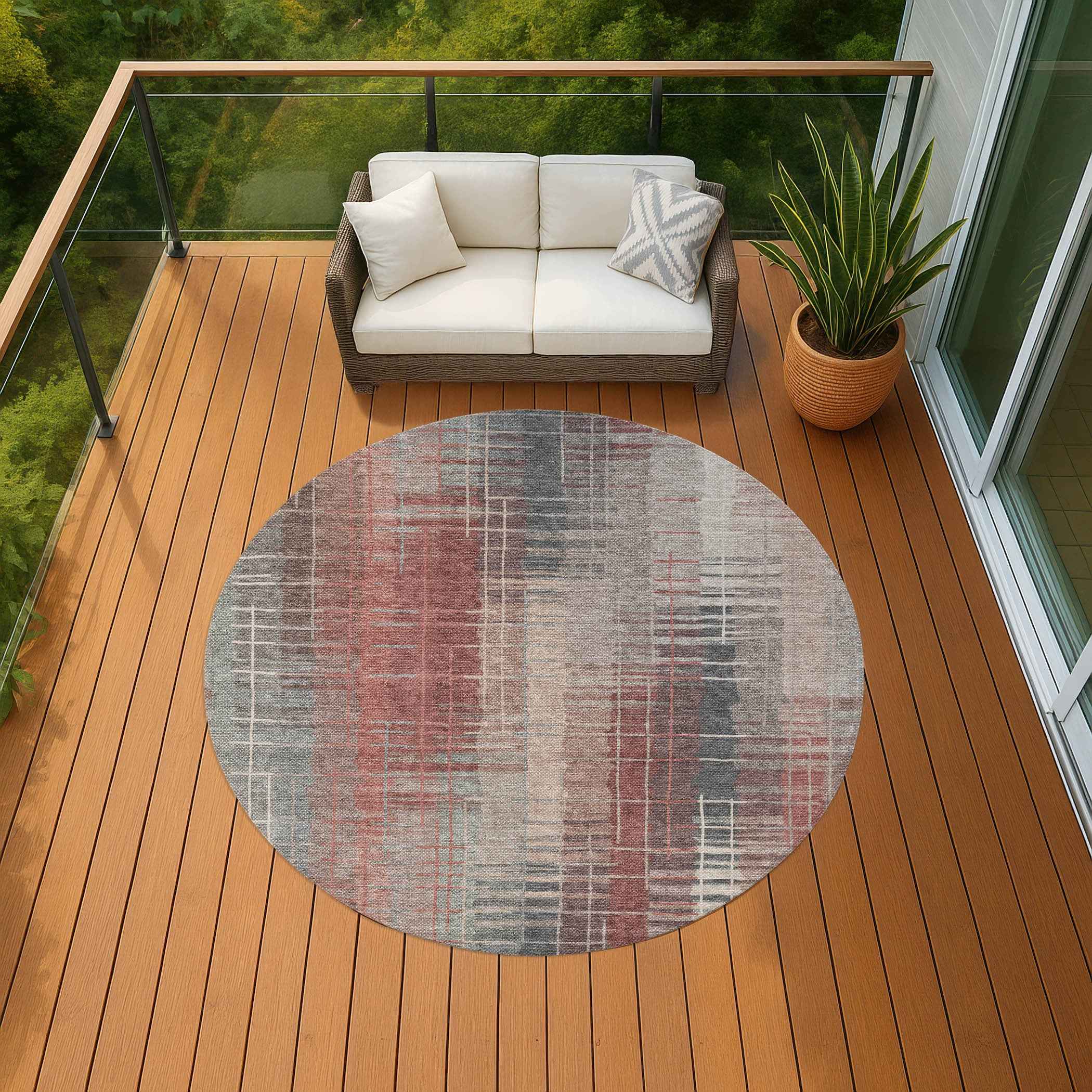 8' Rust Ivory And Gray Round Striped Washable Indoor Outdoor Area Rug