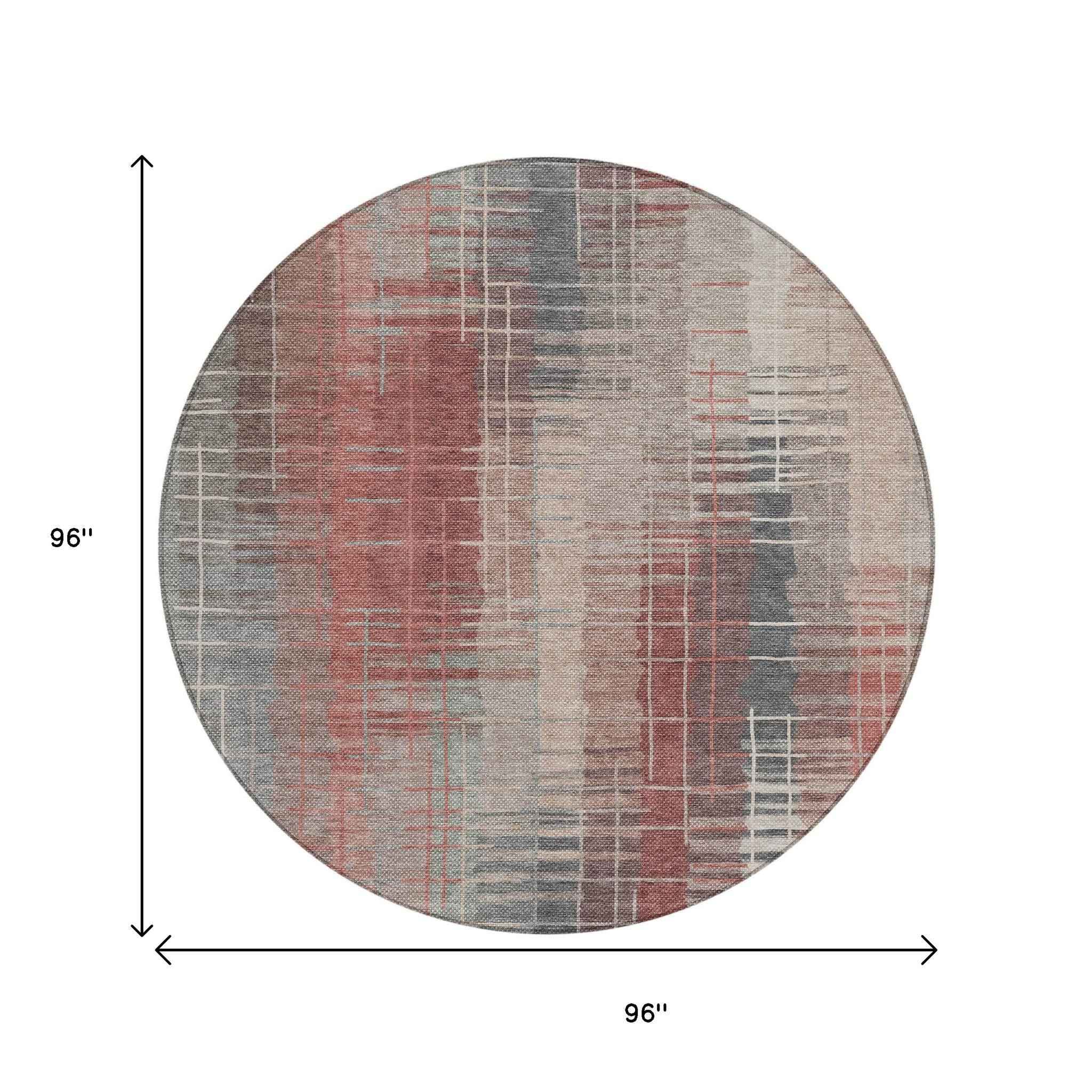 8' Rust Ivory And Gray Round Striped Washable Indoor Outdoor Area Rug