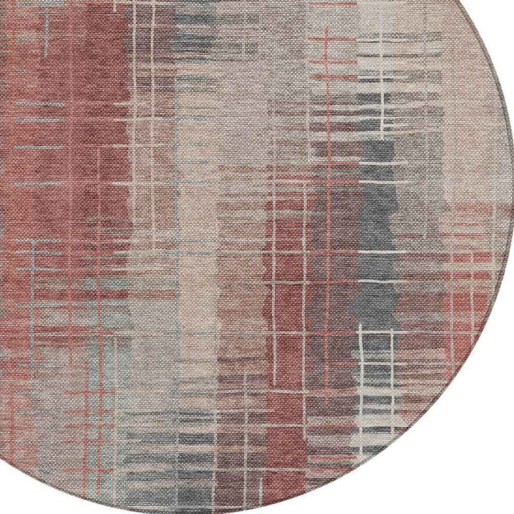 8' Rust Ivory And Gray Round Striped Washable Indoor Outdoor Area Rug