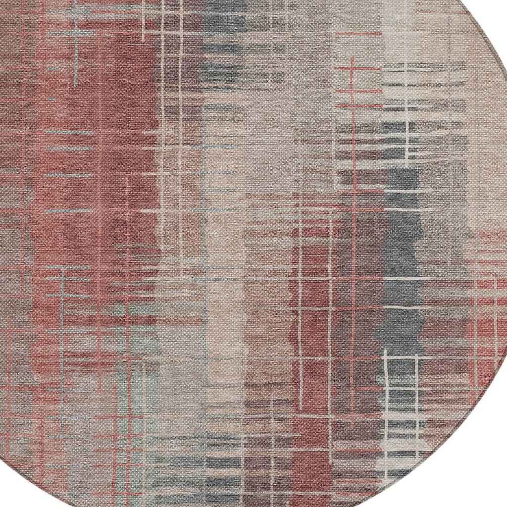 8' Rust Ivory And Gray Round Striped Washable Indoor Outdoor Area Rug