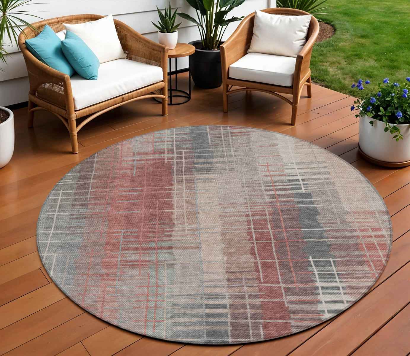 8' Rust Ivory And Gray Round Striped Washable Indoor Outdoor Area Rug