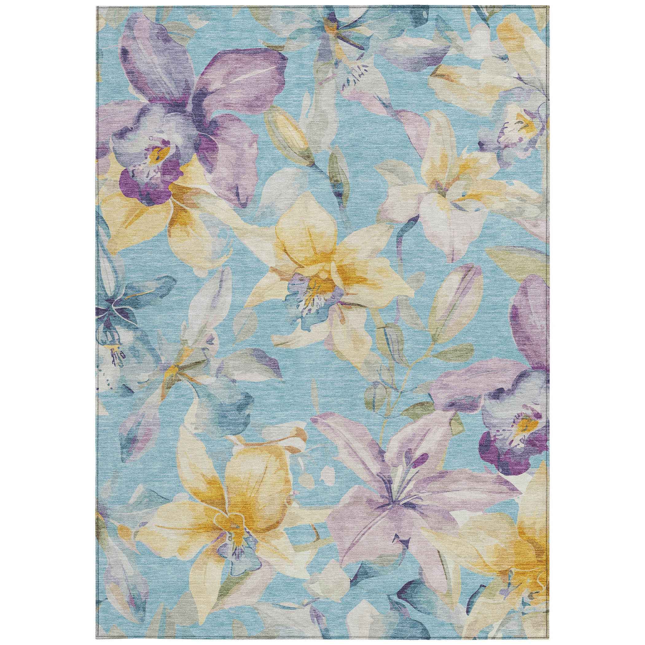 8' X 10' Aqua Gold And Lavender Floral Washable Indoor Outdoor Area Rug