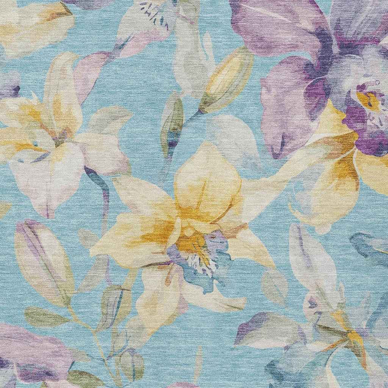 8' X 10' Aqua Gold And Lavender Floral Washable Indoor Outdoor Area Rug