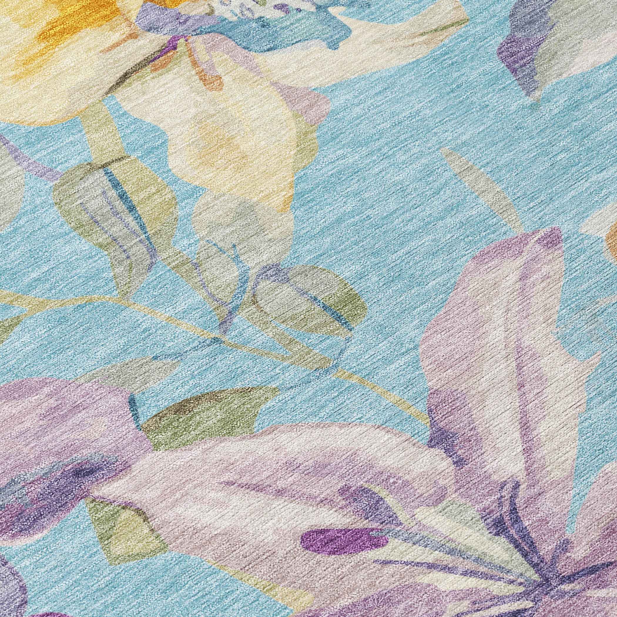 8' X 10' Aqua Gold And Lavender Floral Washable Indoor Outdoor Area Rug