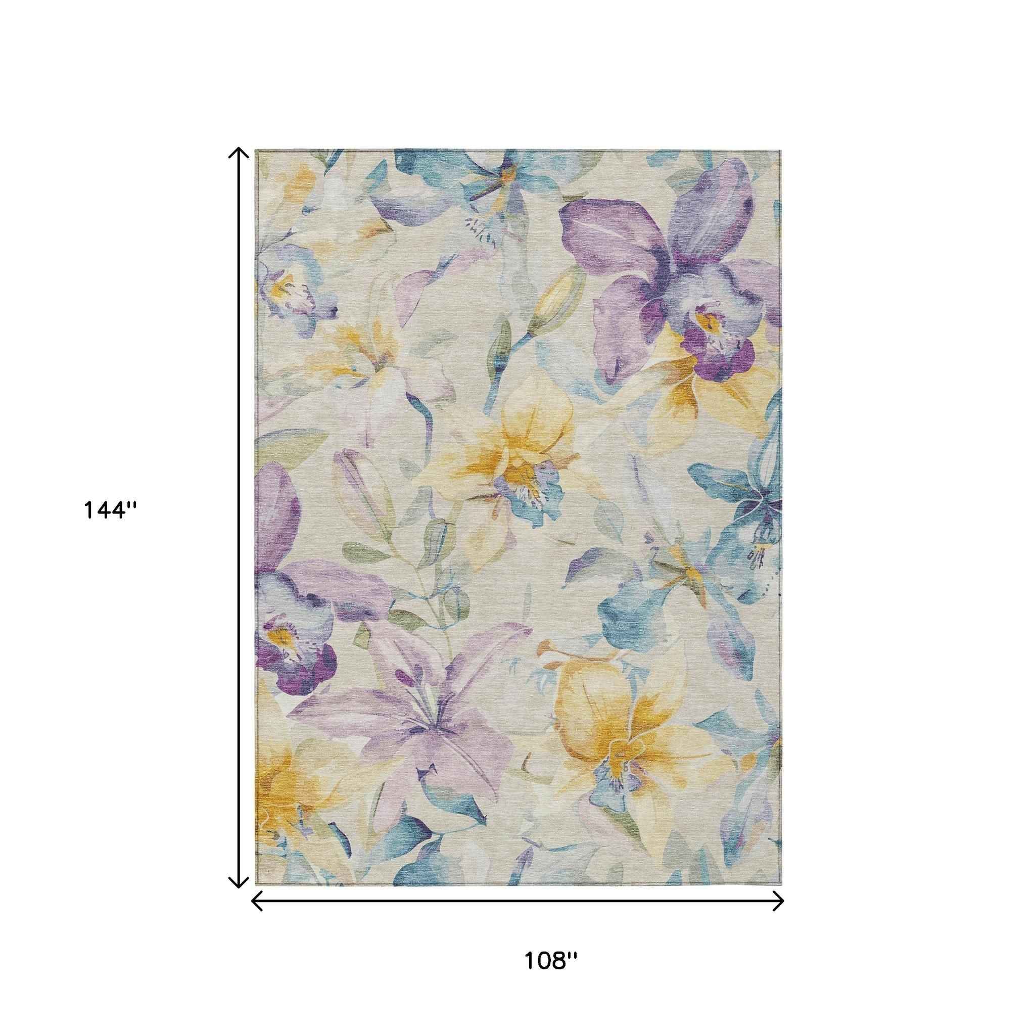 9' X 12' Beige Gold And Lavender Floral Washable Indoor Outdoor Area Rug