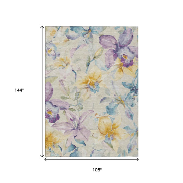 9' X 12' Beige Gold And Lavender Floral Washable Indoor Outdoor Area Rug