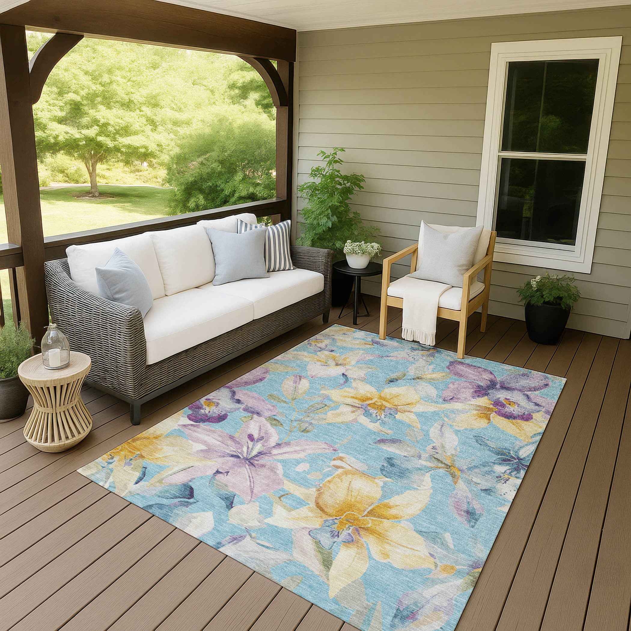 8' X 10' Aqua Gold And Lavender Floral Washable Indoor Outdoor Area Rug