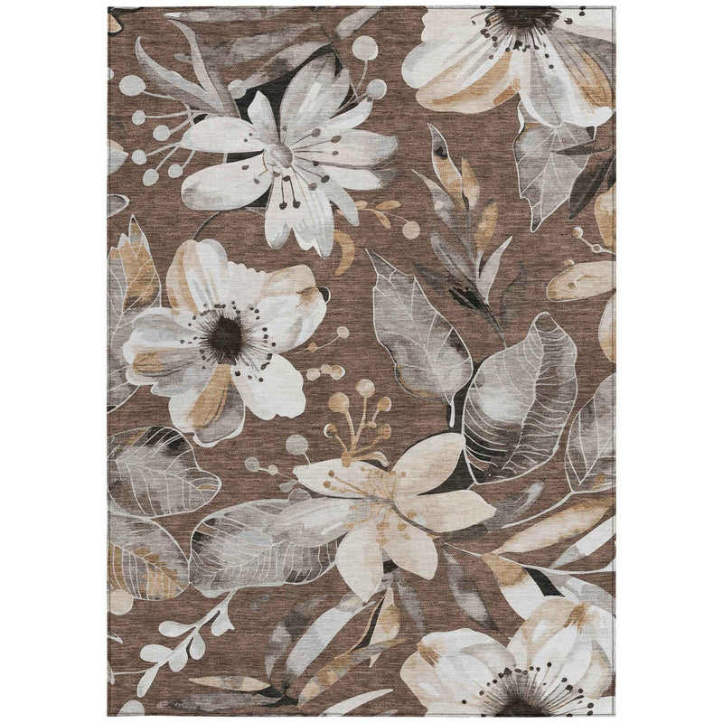 8' X 10' Chocolate Ivory And Wheat Floral Washable Indoor Outdoor Area Rug
