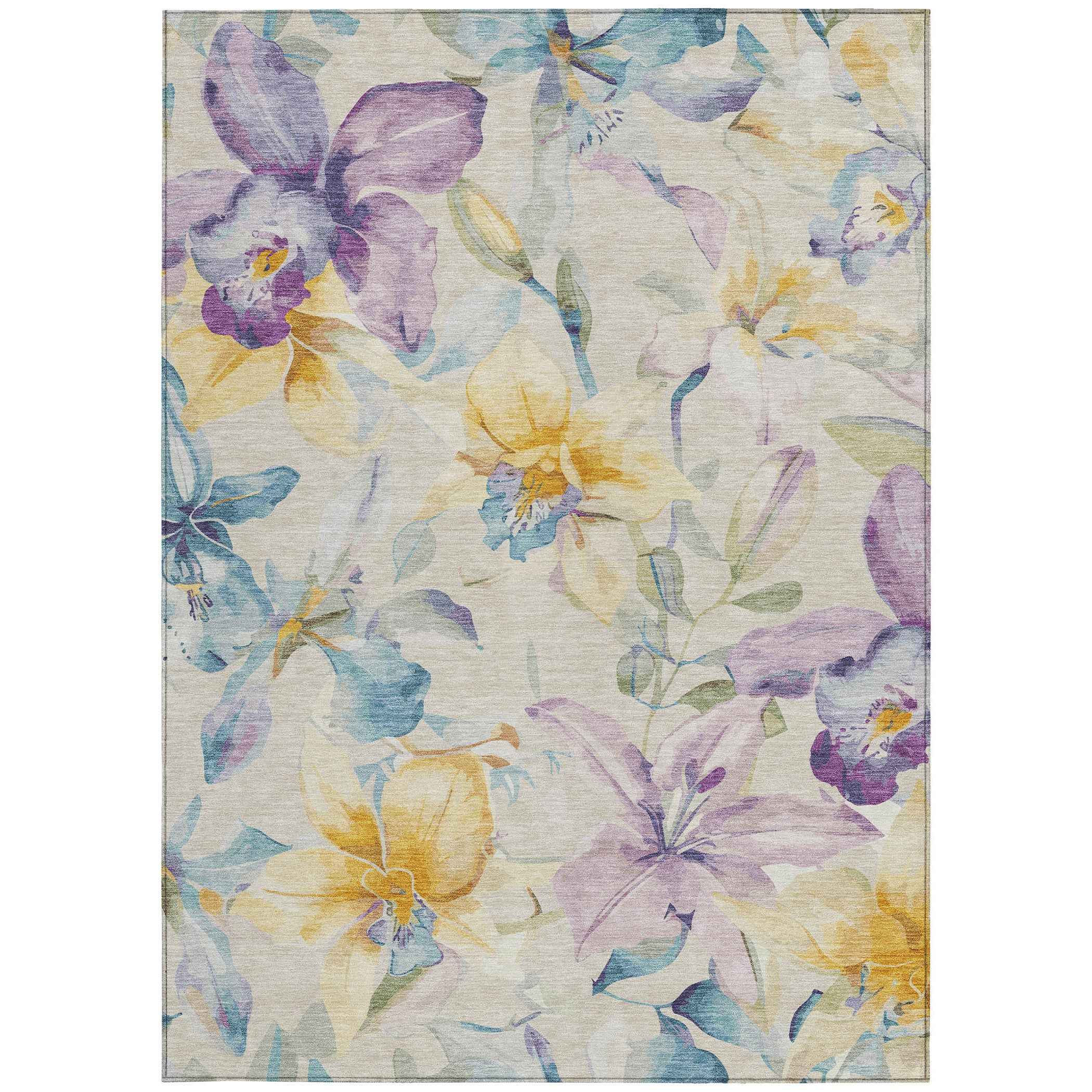 9' X 12' Beige Gold And Lavender Floral Washable Indoor Outdoor Area Rug