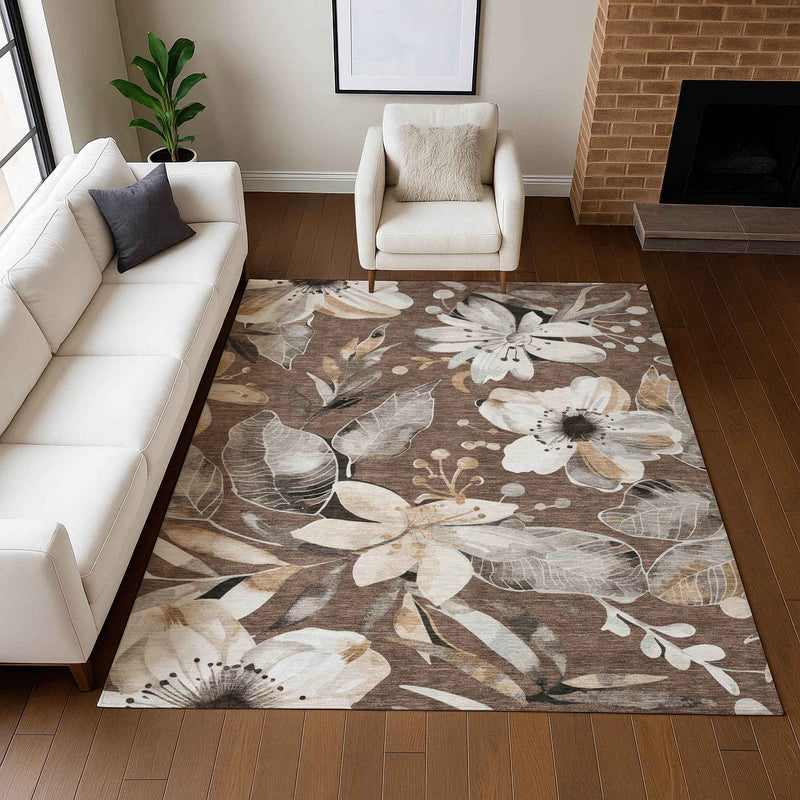 8' X 10' Chocolate Ivory And Wheat Floral Washable Indoor Outdoor Area Rug
