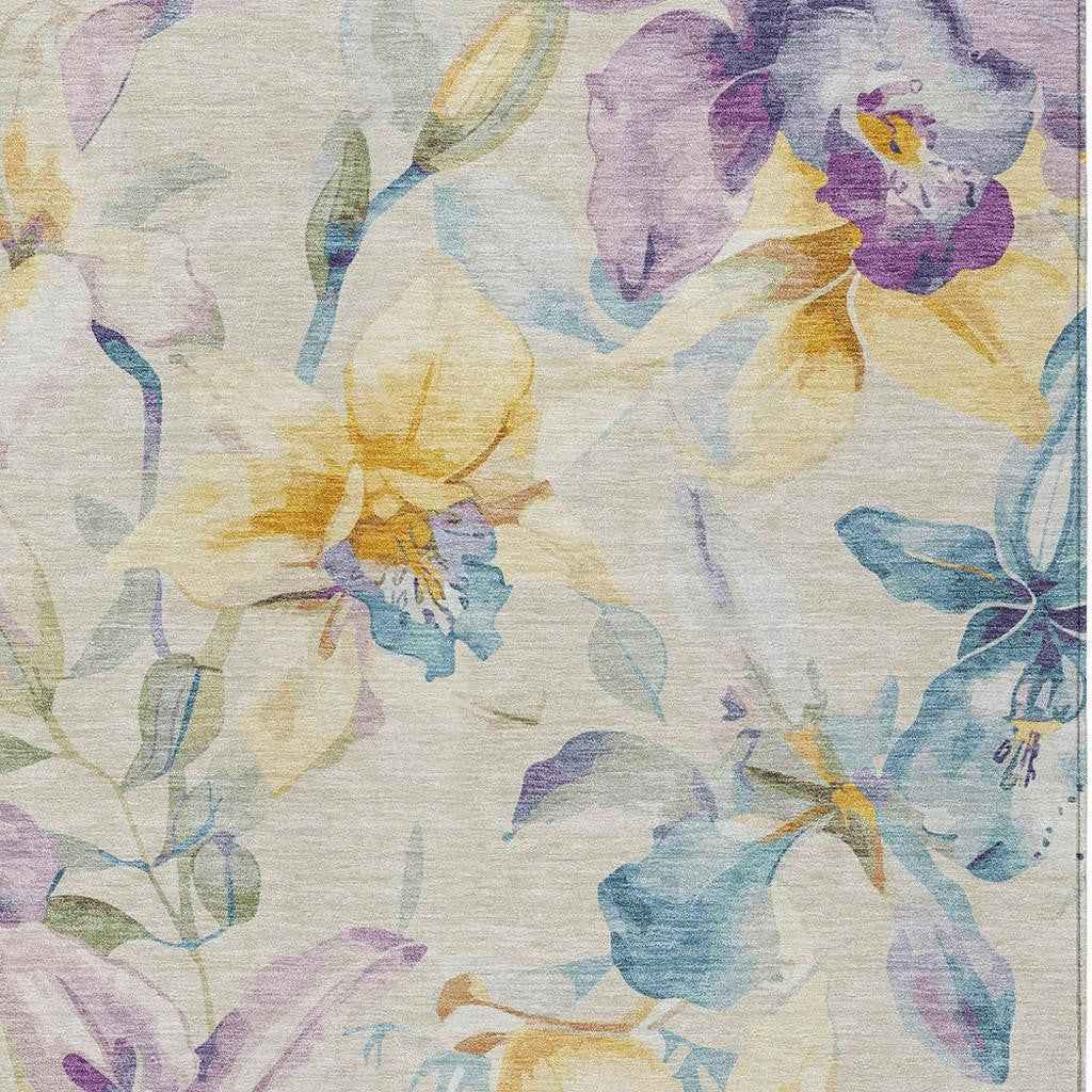 9' X 12' Beige Gold And Lavender Floral Washable Indoor Outdoor Area Rug