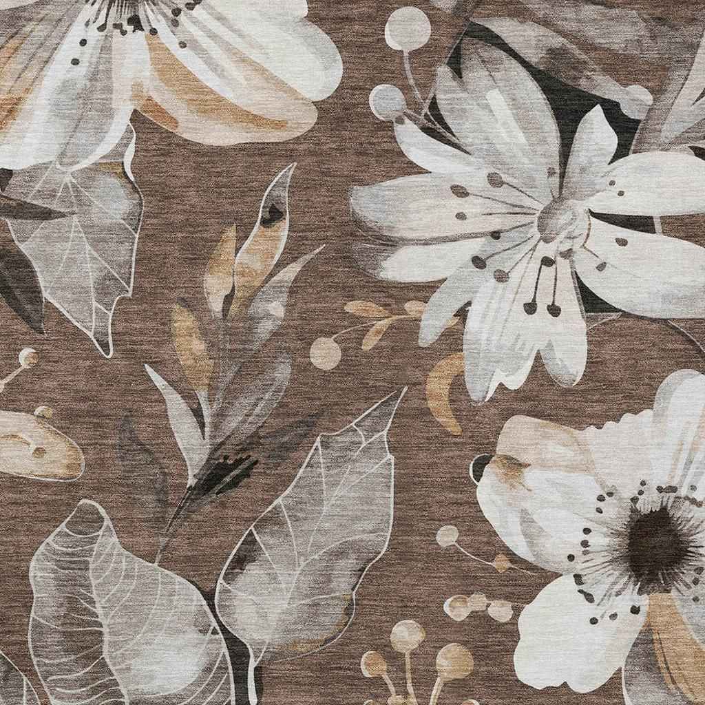 8' X 10' Chocolate Ivory And Wheat Floral Washable Indoor Outdoor Area Rug