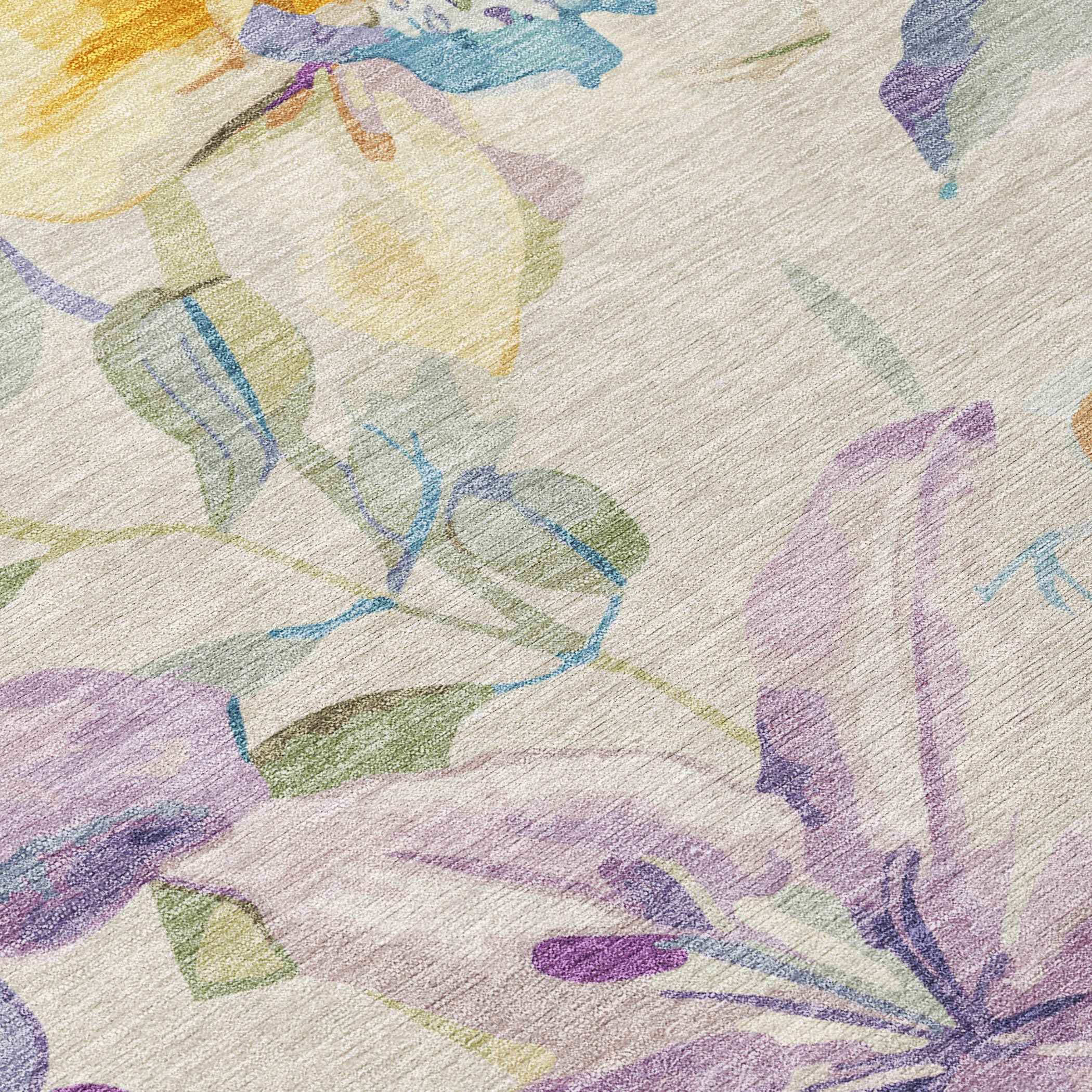 9' X 12' Beige Gold And Lavender Floral Washable Indoor Outdoor Area Rug