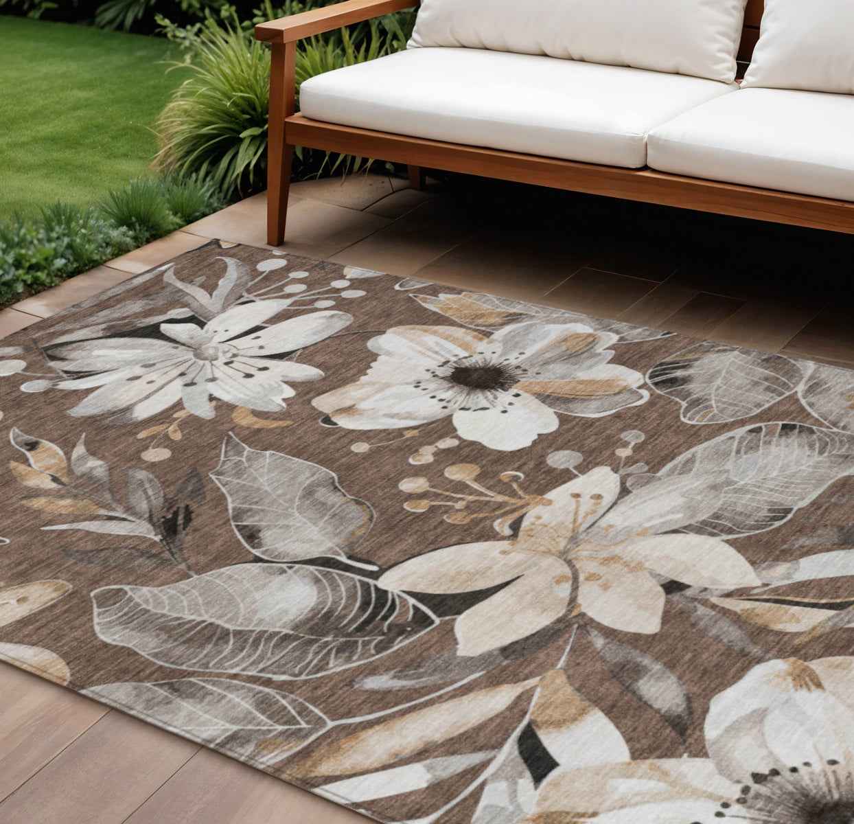 8' X 10' Chocolate Ivory And Wheat Floral Washable Indoor Outdoor Area Rug
