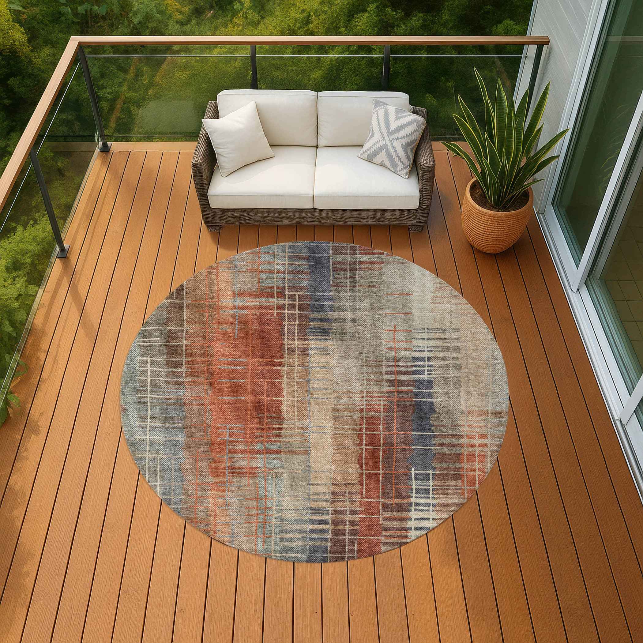 8' Khaki And Rust Round Striped Washable Indoor Outdoor Area Rug