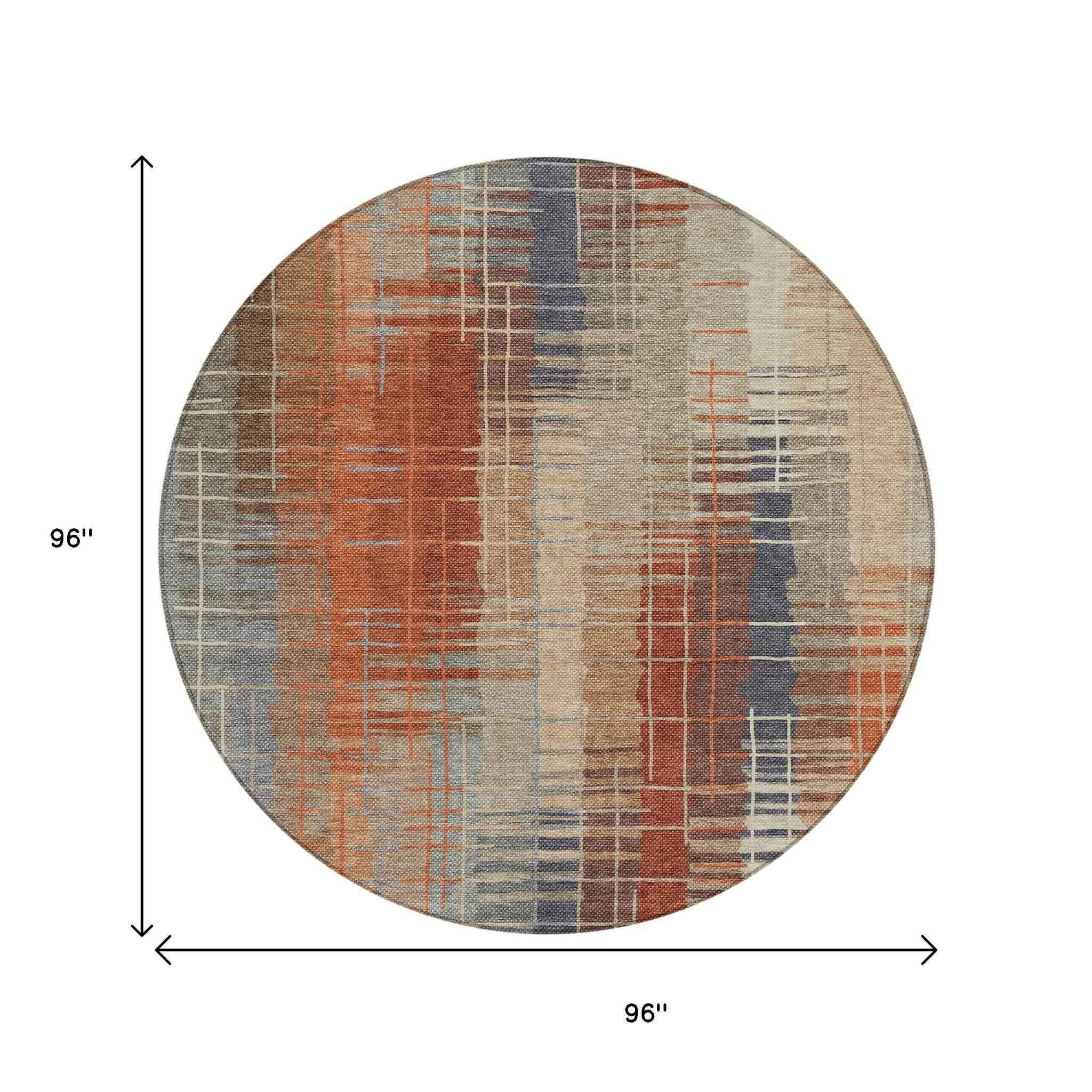 8' Khaki And Rust Round Striped Washable Indoor Outdoor Area Rug
