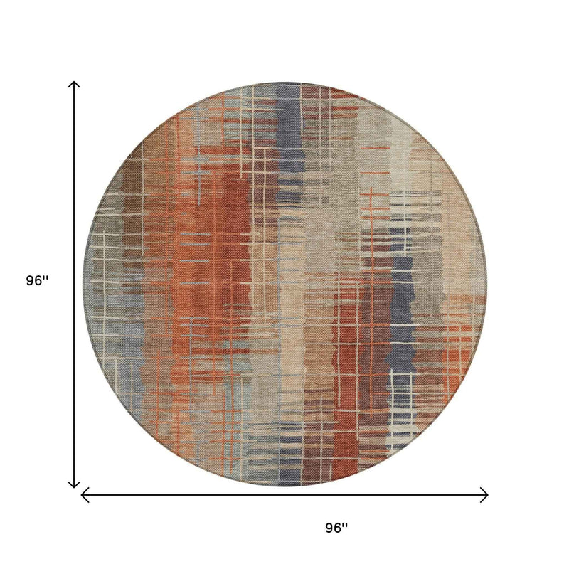 8' Khaki And Rust Round Striped Washable Indoor Outdoor Area Rug