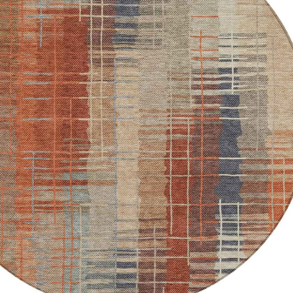 8' Khaki And Rust Round Striped Washable Indoor Outdoor Area Rug