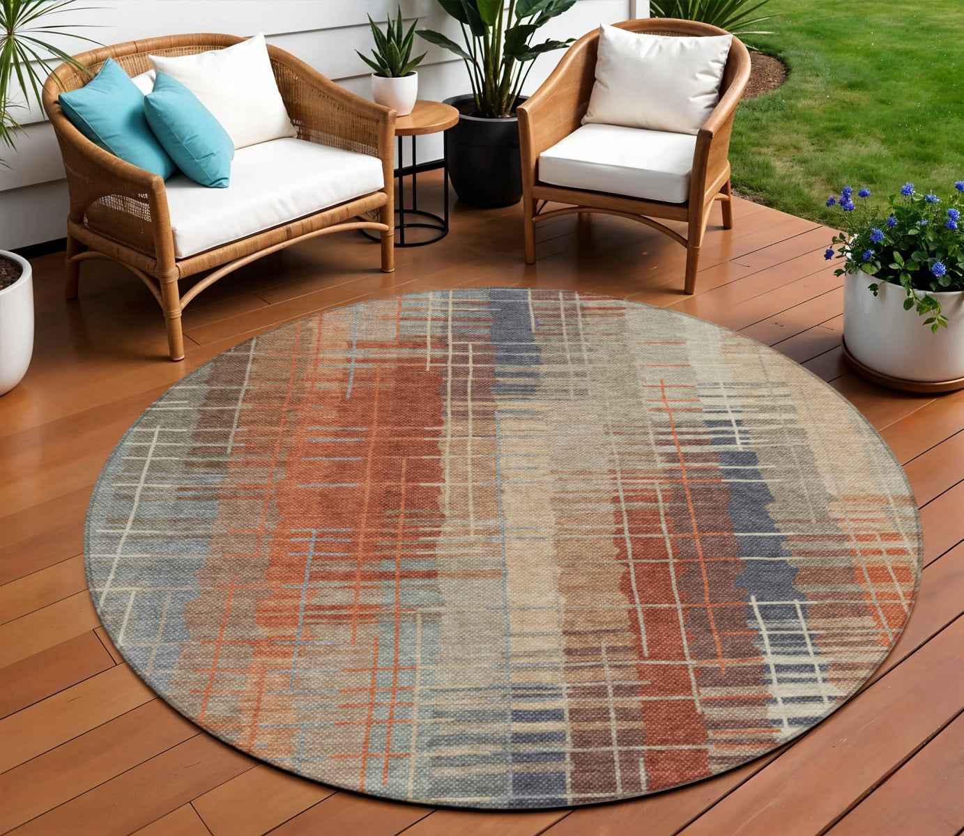 8' Khaki And Rust Round Striped Washable Indoor Outdoor Area Rug