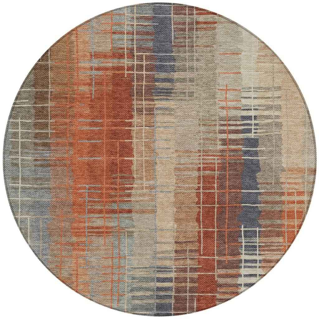 8' Khaki And Rust Round Striped Washable Indoor Outdoor Area Rug