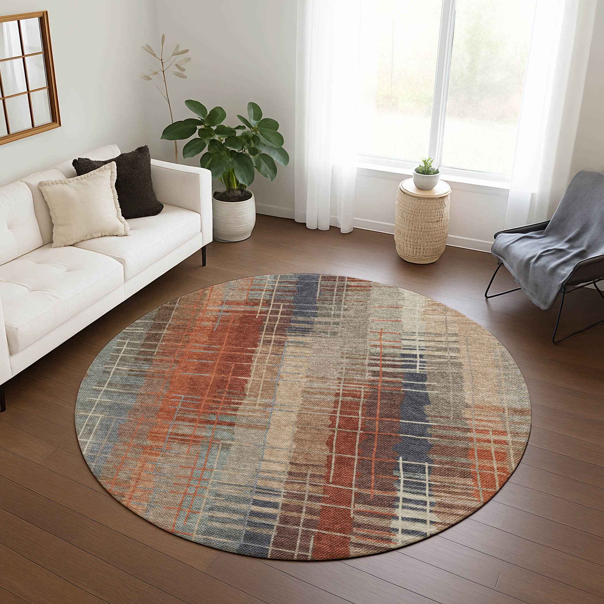 8' Khaki And Rust Round Striped Washable Indoor Outdoor Area Rug