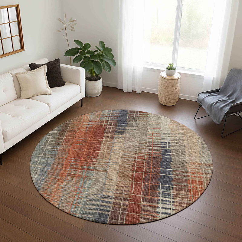 8' Khaki And Rust Round Striped Washable Indoor Outdoor Area Rug