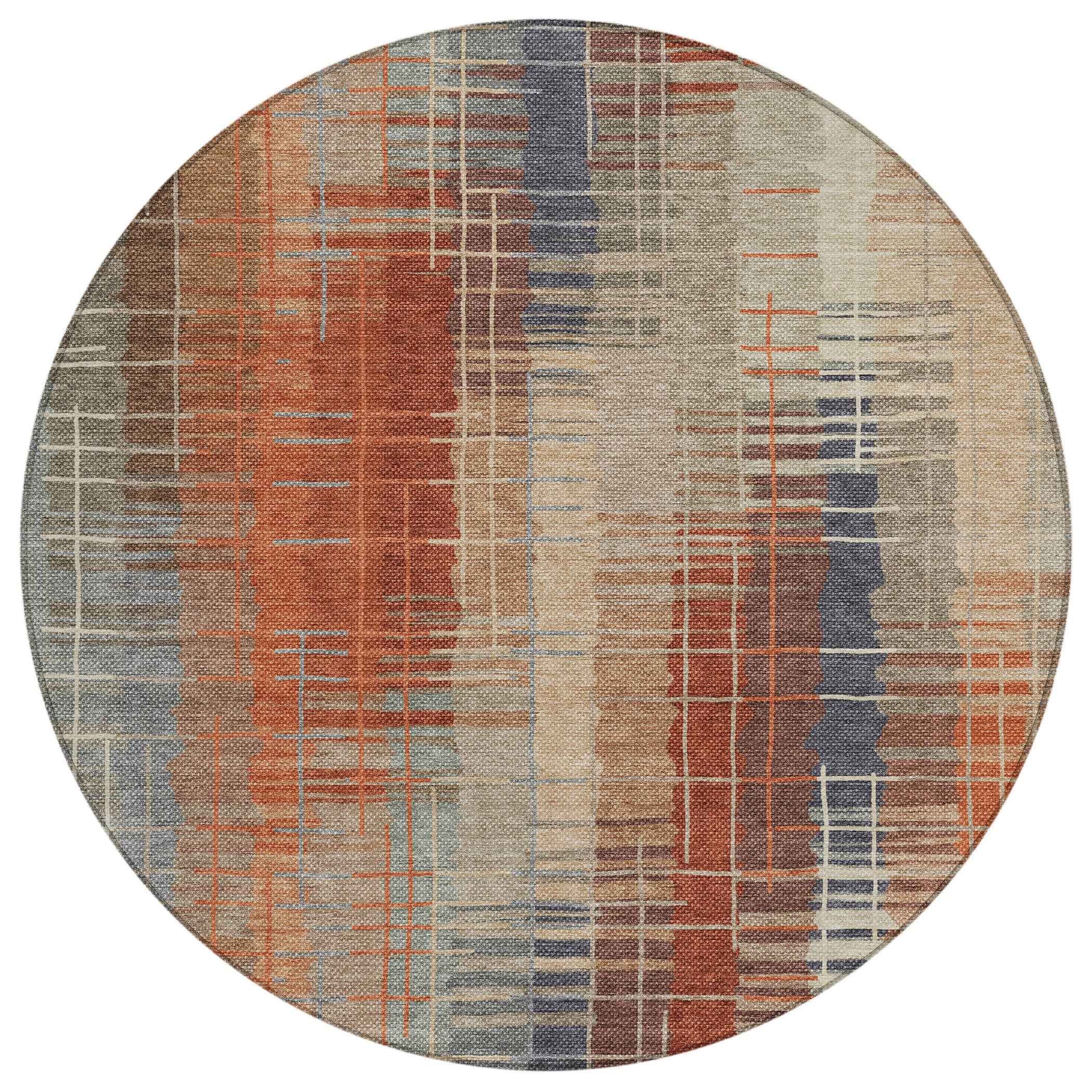 8' Khaki And Rust Round Striped Washable Indoor Outdoor Area Rug