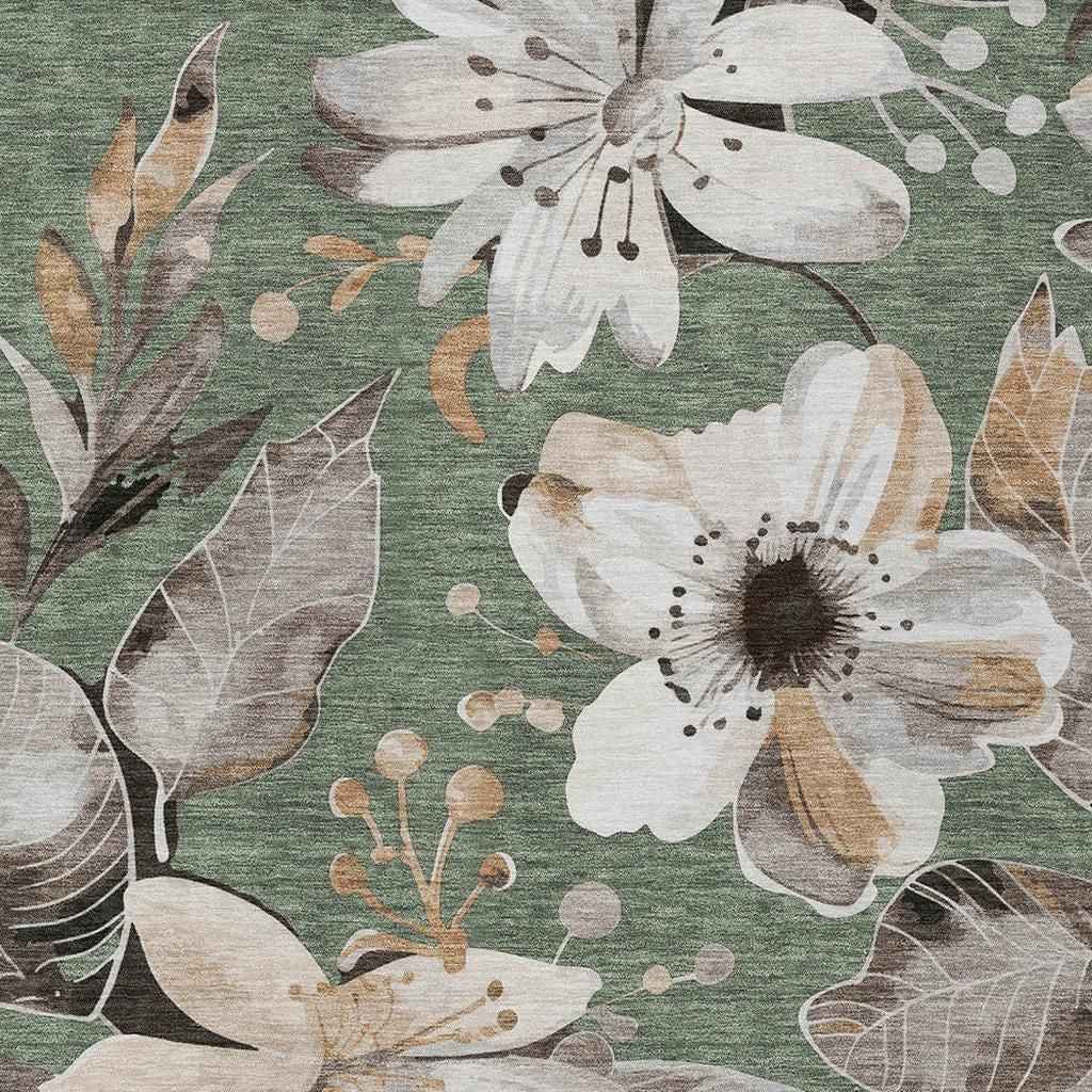 9' X 12' Sage Ivory And Charcoal Floral Washable Indoor Outdoor Area Rug